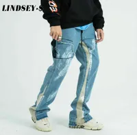 Men039s Jeans Lindsey Seader 2021 Hip Hop Denim Pantalon Flare Patchwork Men Streetwear HARAJUKU BAGGY AUTUM
