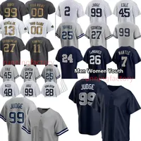 새로운 99 Aaron Judge Yorks Baseball Jersey 2 Derek Jeter Giancarlo Stanton Jerseys Mens Blue Grey White 스티치 크기 S-3XL