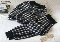 Luzuzi Women Tracksuits Outfits Vintage Button Plover Plaid Ziipper Knitted CardigansLante Pants Autumn Winte 2PCS Set6835415