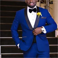Herenpakken 2022 Royal Blue African Wedding Tuxedo voor bruidegom slanke fit mannen met zwarte sjaal rapel 2 stuks mannelijke mode ropa hombre