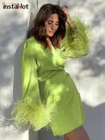 캐주얼 드레스 insta y2k 새틴 프린트 녹색 퍼지 미니 셔츠 패션 파티 여성 이브닝 클럽웨어 빈티지 긴 슬리브 V 목
