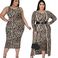 Vestidos de trabajo Mujeres de talla de mayor juego de 2 piezas estampado de leopardo abrigo de manga larga Vestido de chaleco de vestuario para mujeres