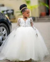 Королевские белые V Seck Flower Girls Dress для свадьбы с иллюзией с длинными рукавами для черных девушек дешевое первое платье причастия