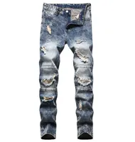 Unieke heren gescheurd Slim Fit Jeans Fashion Panel Schakel Hole Biker Denim Pants Big Size Motocycle Hip Hop Tours voor mannelijke JB9272747474
