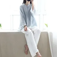 여성용 블라우스 셔츠 여성 전통 중국 셔츠 느슨한 의류 빈티지 청남 여성 만다린 칼라 단색 244V
