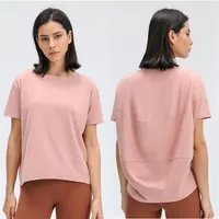 L079 Round Neck T Shirts Lady Yoga ملابس ملونة صلبة ألوان رياضية قمم الفتاة قميص اللياقة البدنية ناعمة راحة ملائمة أعلى ملابس غير رسمية 309R