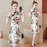 Etnik kıyafet artı yaz vintage çiçek baskısı kısa qipao kadın moda günlük gündelik chines cheongsam elbise vestido de çin