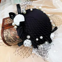 Headpieces Black Satin Women Top Hat With Rose Petal Beads Bride Head Pieces Elegant Wedding Accessories For Party Chapeaux Mariage Femmes