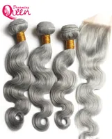 Grey Color Body Wave Ombre Brazilian Virgin Human Hair Bundles Weave Extension 3 Pcs With 4x4 Lace Closure Dreaming Queen Hair9482878