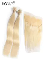 HCDIVA Straight 613 Blonde humain blonde avec lacet Frontal Malaysian Virgin Hair 2 Bundles with Close 1345160150