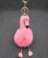 Keychains Simulation Rex Fur Pink Flamingo Key Chain Beach Tas Purse Charm Gold Ring Fluffy Ball Fashion Gift3708604