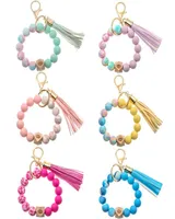 Colorful Silicone Beaded Bracelet Keychain Ladies Girls Tassel Keyring Jewelry Accessories5954673