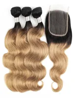 T1B27 Human hair 3 bundles with 44 lace closure body wave honey blonde ombre color remy Brazilian weaves double weft no shedding2713371
