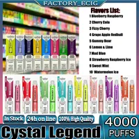 Crystal Bar Legend Puff 4000 usa e getta 2% E sigarette 1350 mAh Capacit￠ batteria 12 ml con 4000 sbuffi a vapodinamico extra a vaporifera 100% vapori all'ingrosso di vapori all'ingrosso kit