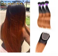 Colored Brazilian Hair Weave Bundles With Closure Silky Straight Dark Root T 1B 30 Human Hair Extensions Ombre Brown Hair Short Bo9365332
