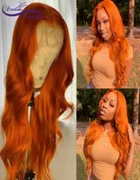 Orange Ginger Color 13x4 Wavy Human Hair Wigs 180 Density Long Straight Synthetic Lace Frontal Wig3759071