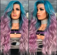 Yeni Moda Peruca Cabelo Derin Uzun Vücut Dalga Saç Perukları Ünlü Stil Mavi Ombre Pembe Mor Sentetik Dantel Ön Peruk Kadınlar için2685699