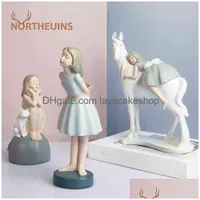 Objetos decorativos Figuras Northeuins Resin Animal Girl para Interior Nordic Creative Loli Statue Home Sala de estar Decoraci￳n des Dhez2