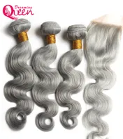 Grey Color Body Wave Ombre Brazilian Virgin Human Hair Bundles Weave Extension 3 Pcs With 4x4 Lace Closure Dreaming Queen Hair2795802