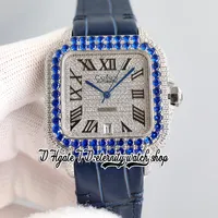 TWF TW0009 M8215 Automatische Herren Watch 40 mm blau vereisere große Diamantlünette gepflasterte Diamanten Zifferblatt Schwarze Römische Marker Lederband 2022 Super Edition Eternity Uhren