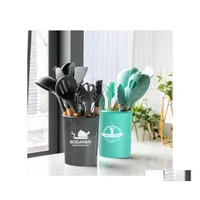Fruit Vegetable Tools 12Pcs Sile Kitchen Utensils Set Kitchenware Cooking With Holder Wooden Handle Cookware Spata Non Stick Drop Dhs0F