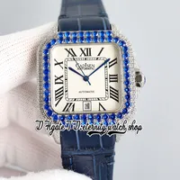 Twf tw0009 diamants pavés M8215 Automatic mascing watch 40mm mm bleu glacé big diamant cadran blanc cadran roman bracelet en cuir 2022 Super édition éternité montres