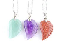 Wojiaer Angel Wings Pendulum Pendant Chains Necklace Jewelry Natural Stone Quartz Crystal Opal Tigers Eye Reiki Beads BN3585329688