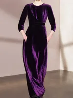 Casual Dresses Gold Velvet Purple Autumn And Winter Women's Retro Style Elegant Banquet 2022 Designer Fashion High Waist Slim Round Neck