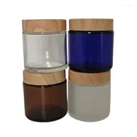 Storage Bottles 100G Glass Cream Jar Blue Amber Clear Frosted Face Facial Mask Pots Not Real Wood Lid Cosmetic Container 5pcs