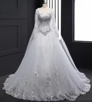 White Organza Long Sleeve Ball Gown Plus Size Beach Wedding Dresses Crystal abito da sposa Real Po Wedding Gowns With Wrap H0323882776