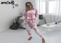 APROMS Zarif Pembe Baskı Trailtsits Kadın 2 Parça Set Gündelik Üst ve Pantolon Sonbahar Loungewear Hoodies Kadınlar Giyim