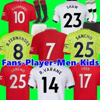 Sancho Soccer Jerseys 22 23 Fans Version del jugador Mans Utds Martial Mufc United Rashford Martinez Shaw Eriksen 2022 2023 B. Farnandes Camisa de f￺tbol Camisa de hombres Kit para ni￱os