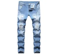 Men039s Jeans Mens Design Fashion Panelled Biker Skinny Distressed Light Blue Denim Pants Drop Whole Stock2290845