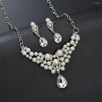 Necklace Earrings Set ABAY Romantic Elegant Pearl Zircon Water Drop Pendent Korean Neck Ear For Women Girls Gift