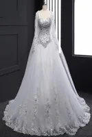 White Organza Long Sleeve Ball Gown Plus Size Beach Wedding Dresses Crystal abito da sposa Real Po Wedding Gowns With Wrap H0324877868