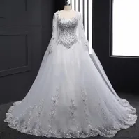 White Organza Long Sleeve Ball Gown Plus Size Beach Wedding Dresses Crystal abito da sposa Real Po Wedding Gowns With Wrap H0323016866
