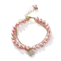 Strand Pink Freshwater Pearl Bracelets Simple Personality Four-leaf Shape Diamond Pendants Women Sweet Rice-shaped Chain Bracelet