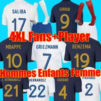4xl Maillots de Football 2022 World Cup France Soccer Jerseys Benzema Football Shirts Mbappe Griezmann Hernandez Dembele Maillot Foot Top Shirt Kits Sock Set
