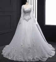 White Organza Long Sleeve Ball Gown Plus Size Beach Wedding Dresses Crystal abito da sposa Real Po Wedding Gowns With Wrap H0326873468