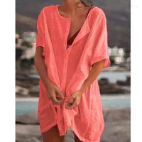 Kadın bluzları keten gömlek kadın kimyacı femme manche longue kısa kollu uzun t büyük elbise yaz kıyafetleri plaj kıyafetleri