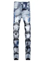Men Slim Fit Stretch Jeans 3D Bordado impresso Destru￭do Destru￭do de perna reta Lava as cal￧as de jeans de moto desgastadas Hip Hop Biker M8115003