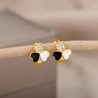 Hoop Earrings Enamel Three Petal Flower Heart For Women Gold Color Stainelss Steel Aesthetic Jewelry Gift 2023
