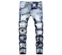 Men Slim Fit Stretch Jeans 3D Bordado impresso Destruído Destruído Perna reta Lava as calças de jeans de Motociclo desgastadas Hip Hop Biker M85977760