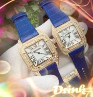 زوجين Quartz Fashion Mens Wathes Auto Date Square Roman Diamonds Ring Case Watch حزام جلدي أصلي شعار شهير من الذكور هدايا Wristwatch Montre de Luxe