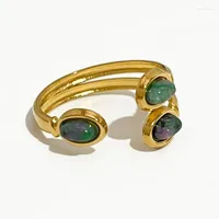 Cluster Rings Dainty Gold Color Triple Gem Stone Öppen justerbar ring för kvinnor Pvd Plated rostfritt stål Natural Boho