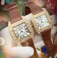 Couple carré Roman Dial Lovers Watch Luxury Fashion Crystal Diamonds Ring Case Men Watchs Women Quartz Cuir Breen Business Super Popular Bracelet Wristwatch
