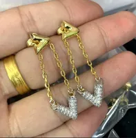 New designed women Silver dangle Stud Earring V Letter full diamonds Brass 18K Gold plating ladies pendants Earrings hoops Designer Jewelry SET 40-60