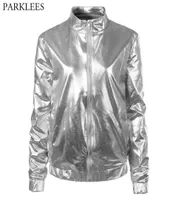 Silver Metallic Coated Bomber Jacket Women Shiny Night Club Baseball Varsity Jacket Womens Zipper Front Mandarin Collar Jackets12707179