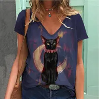 여자 T 셔츠 2022 Nouveau 채팅 동물 3D 프린트 아트 - 셔츠 여름 레저 패션 짧은 슬리브 V 목 느슨한 옷