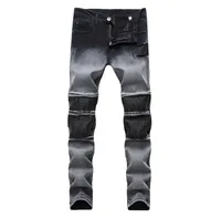 NEWSOSOO Fashion Men Jeans Straight Motorcycle palissée Pantalon Bike Hip Hop Gris Patchwork Jeans Slim Fit Skinny Tablers1880376